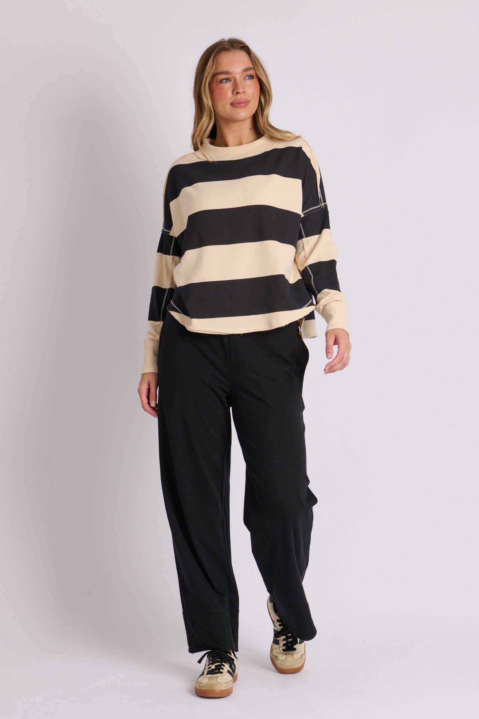 Mock Neck Top - Black Ecru Stripe