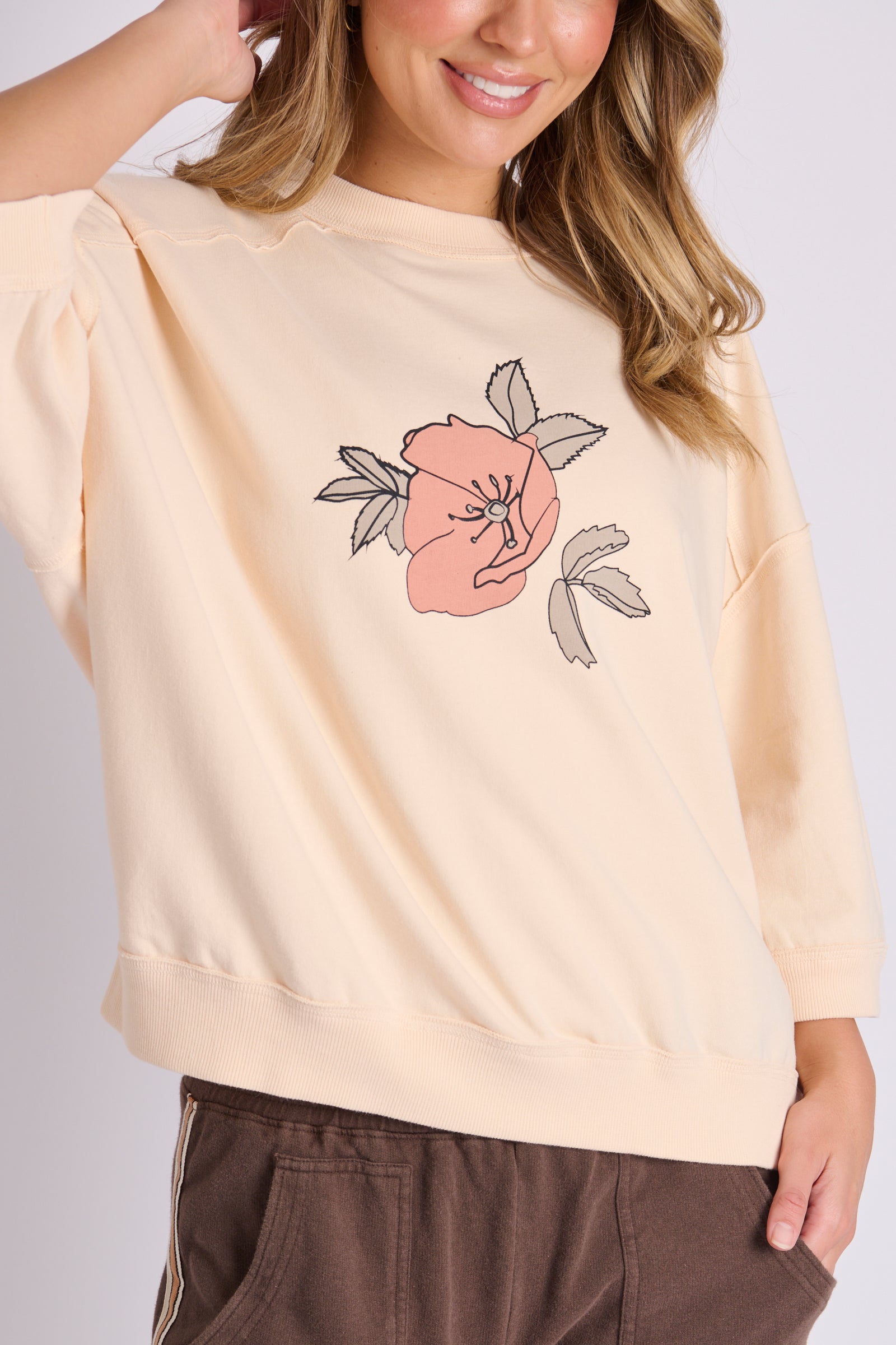 Crew Neck Half Sleeve Top - Stone Floral Print