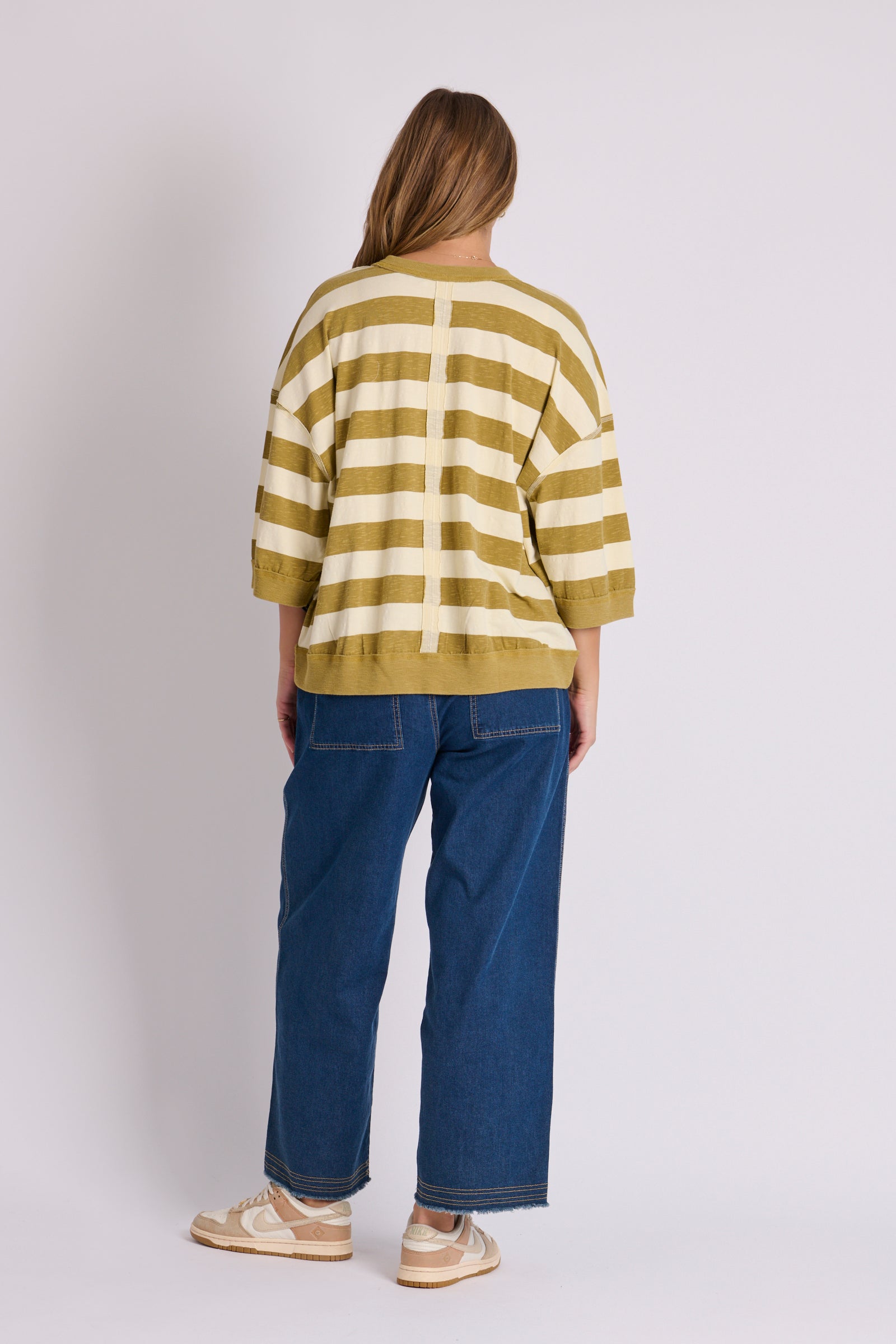 Crew Neck Half Sleeve Top - Olive Stripe