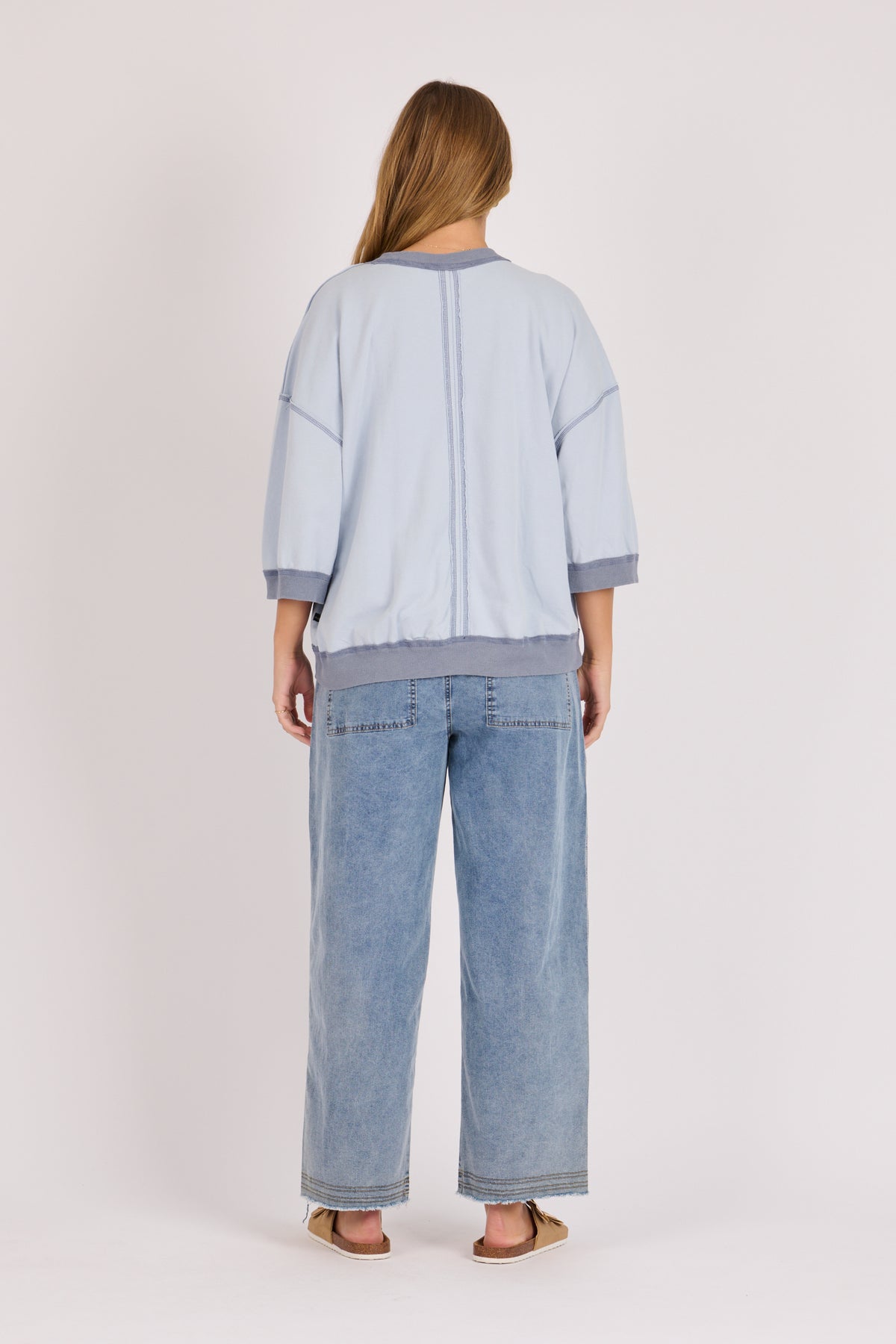 Crew Neck Half Sleeve Top - Two Tone Blue