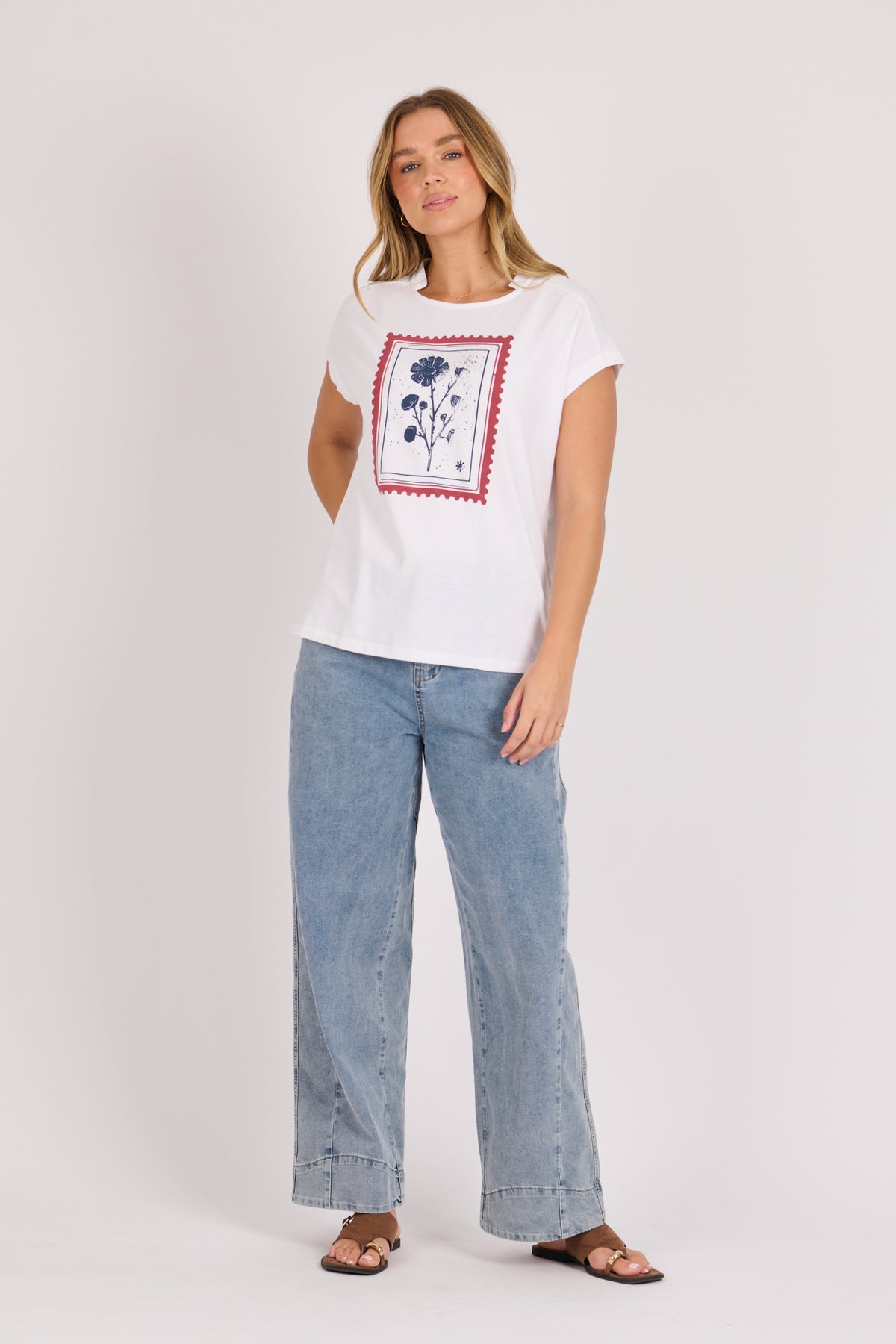 Half Collar Shell Tee - White Floral Stamp