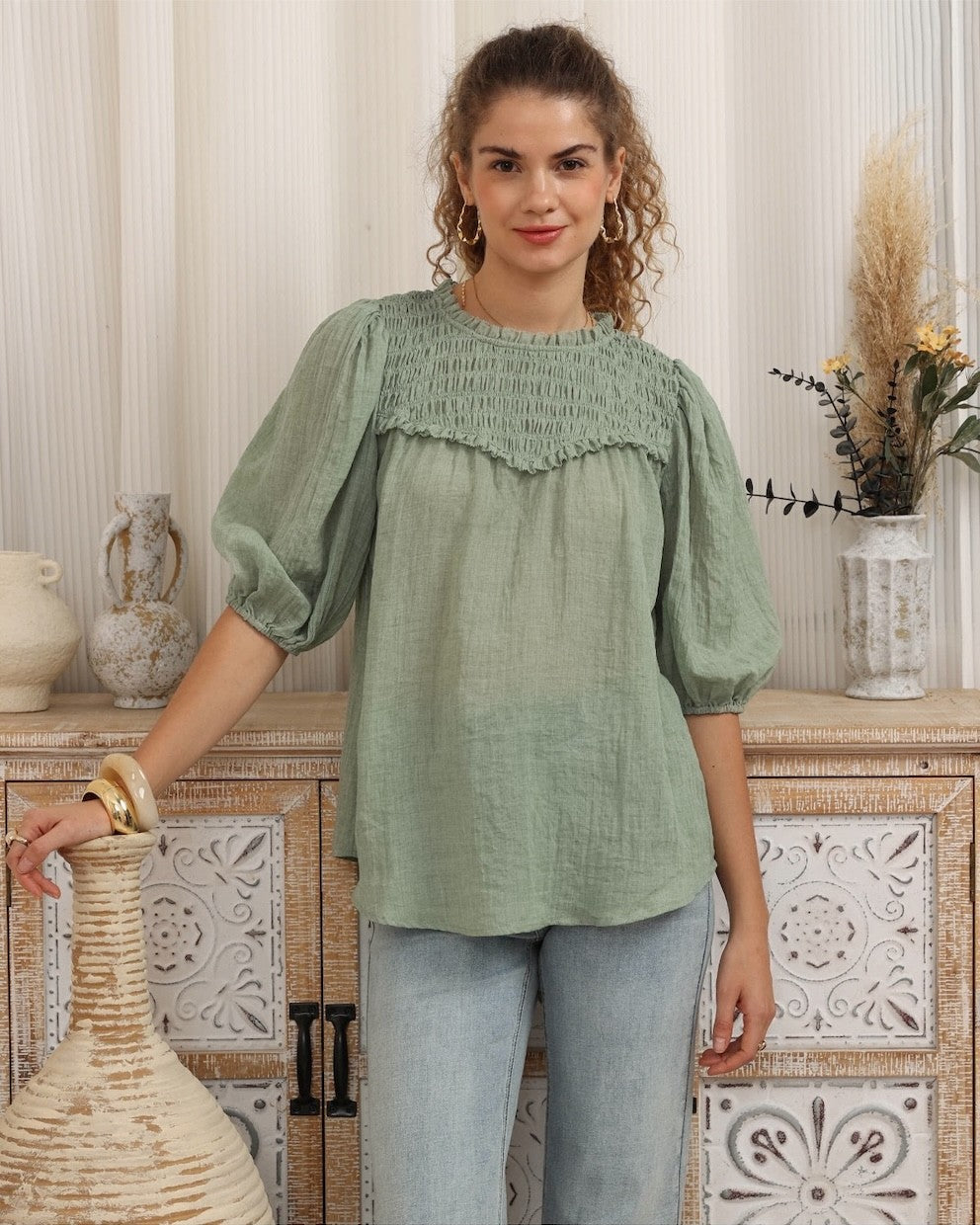 Junie Smocked Blouse – Sage