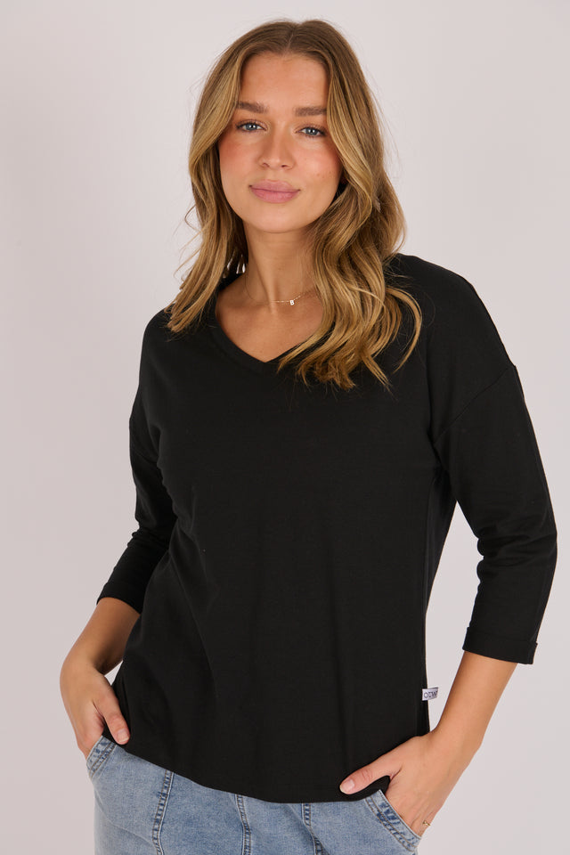 V-Neck Cuff Sleeve Top - Black