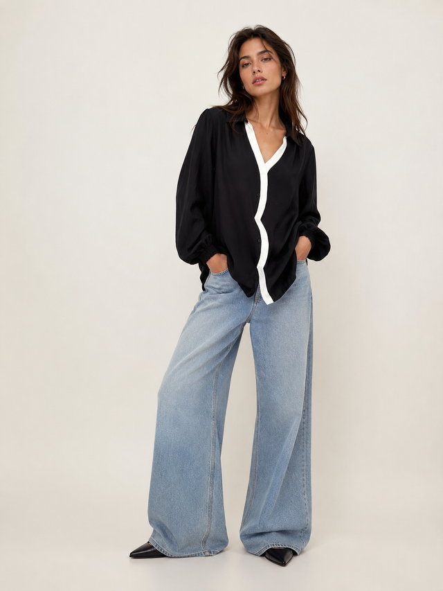 Zadie Contrast Blouse - Sand & Black / Black & White