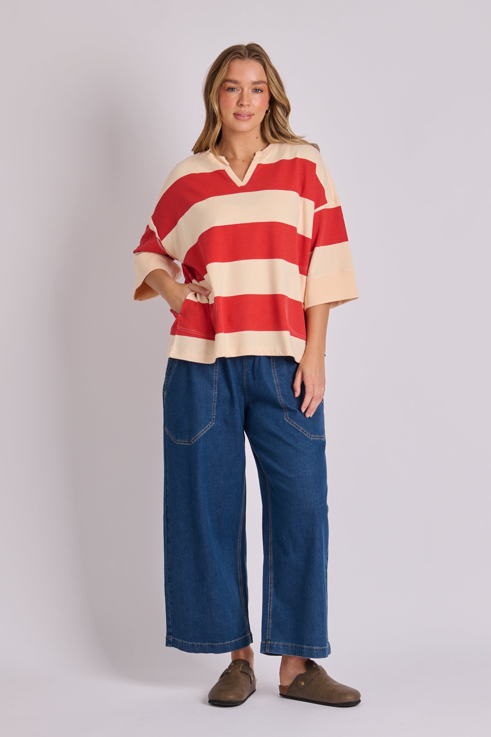 Half Sleeve Pop Over - Red Linen Stripe