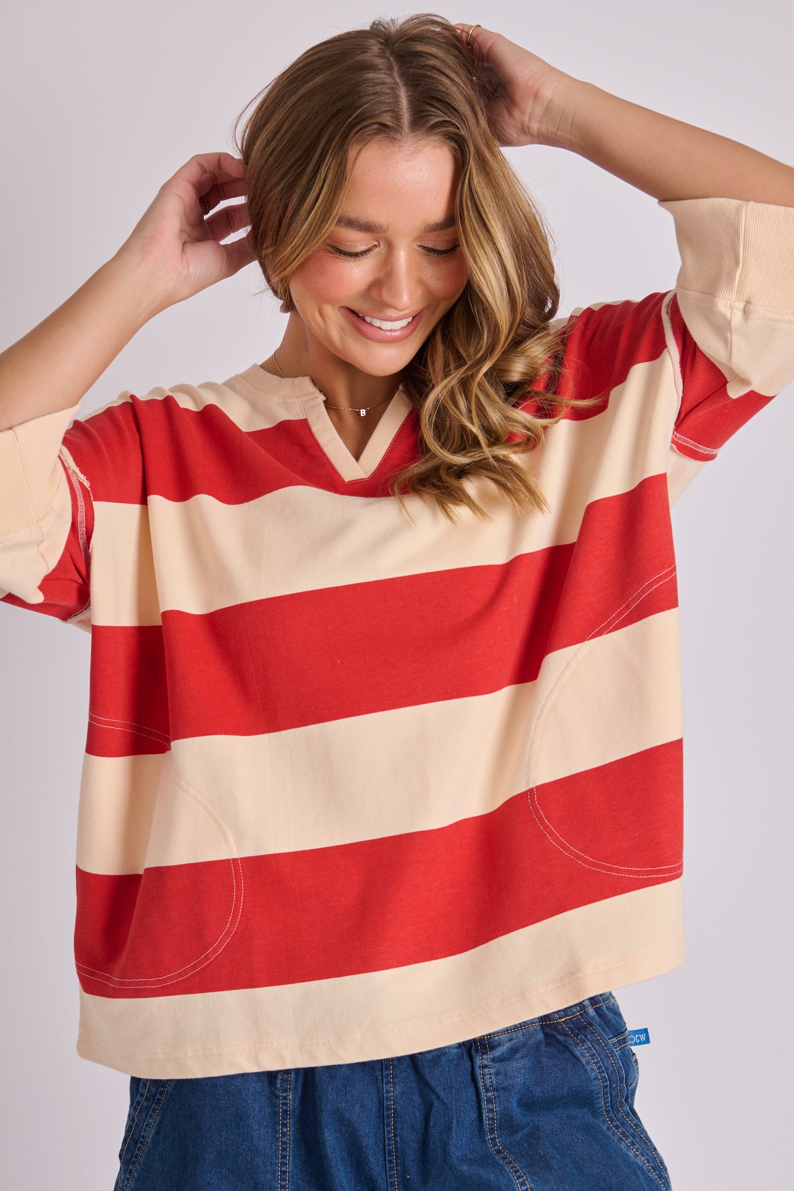 Half Sleeve Pop Over - Red Linen Stripe
