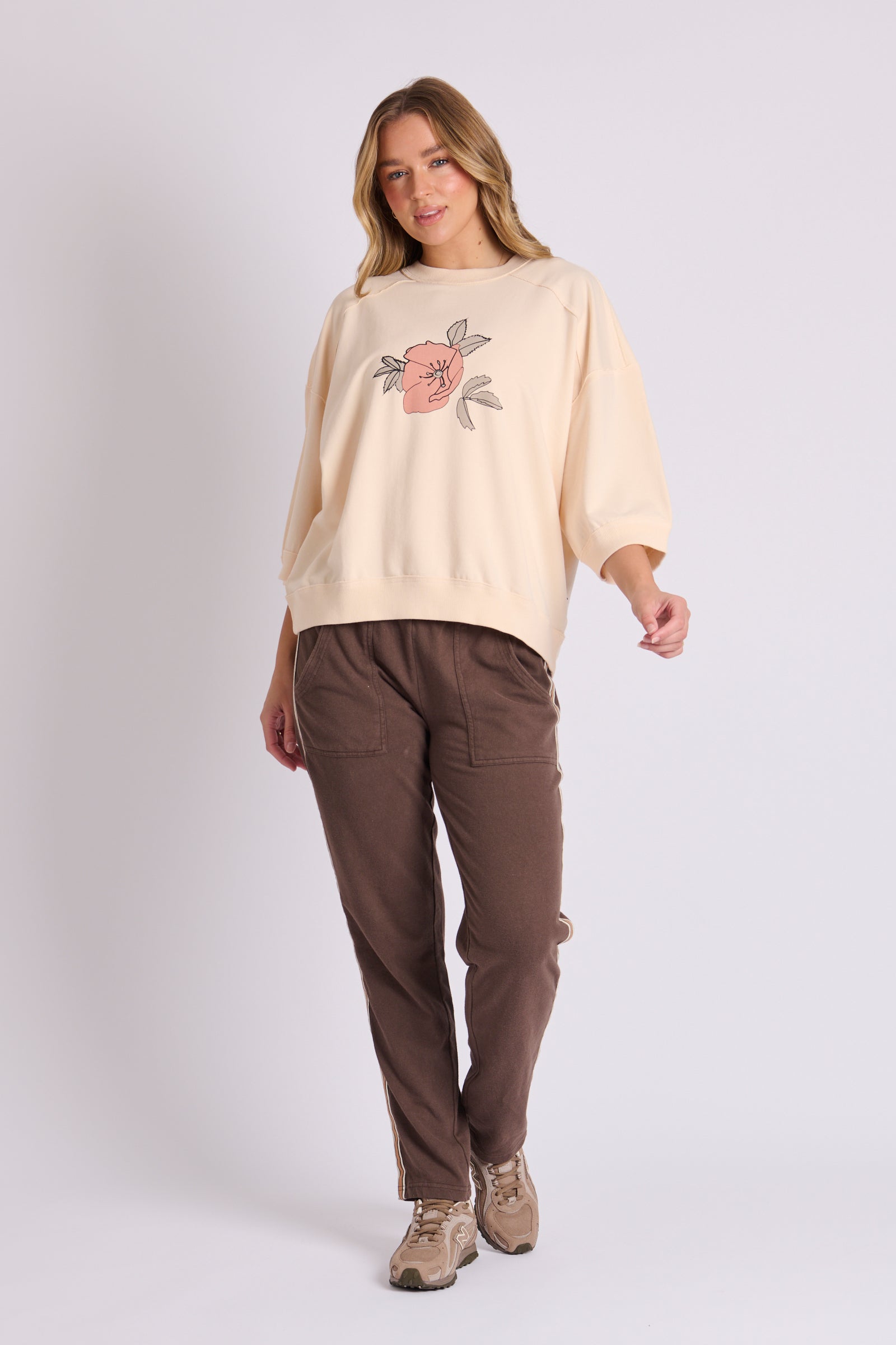 Crew Neck Half Sleeve Top - Stone Floral Print