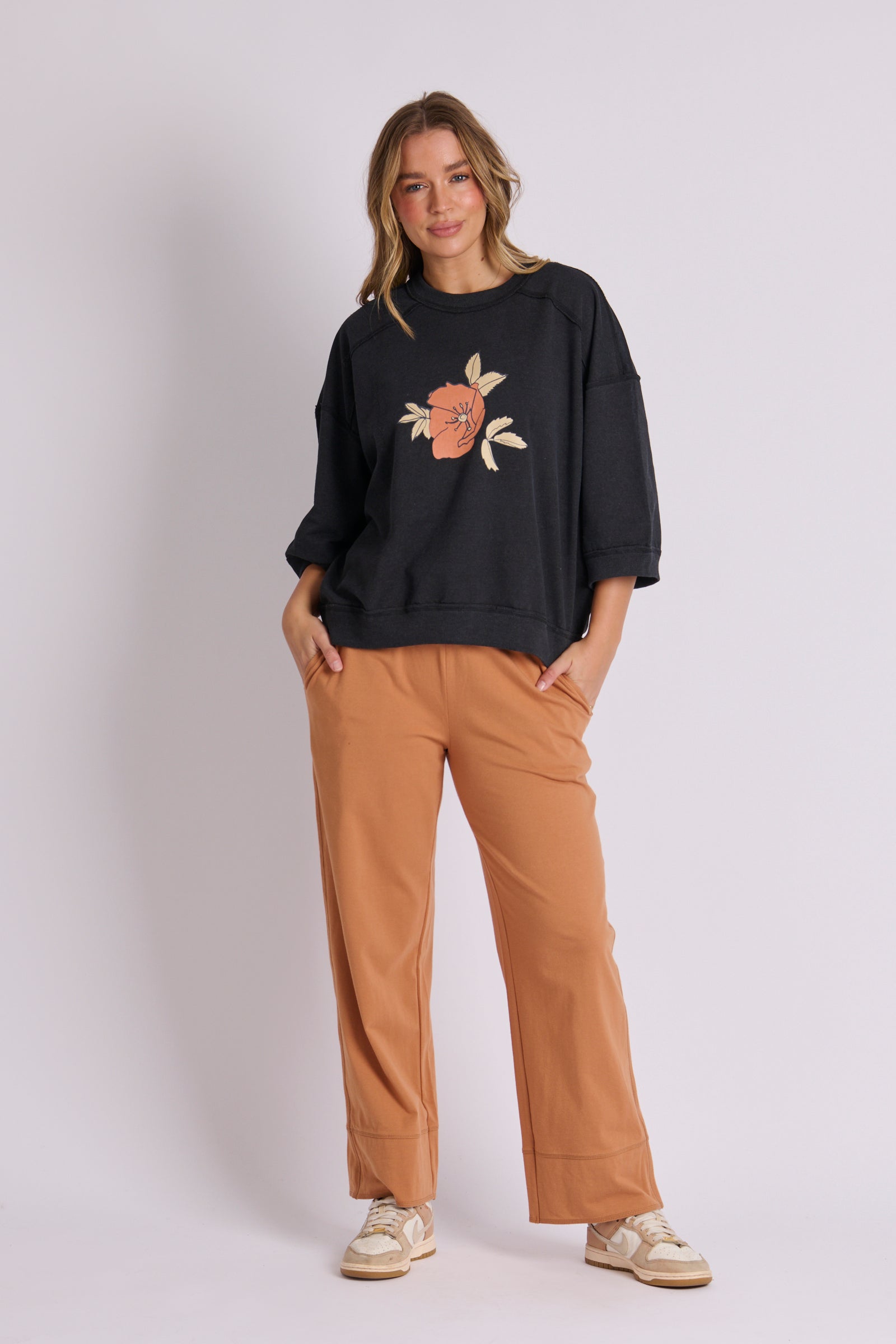 Crew Neck Half Sleeve Top - Black Floral Print