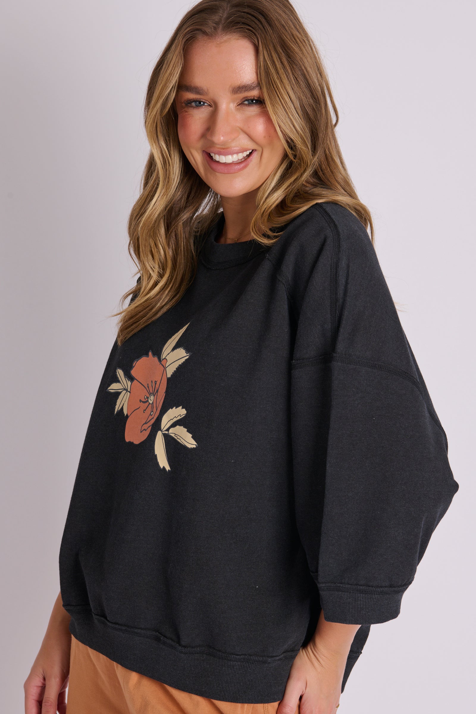 Crew Neck Half Sleeve Top - Black Floral Print