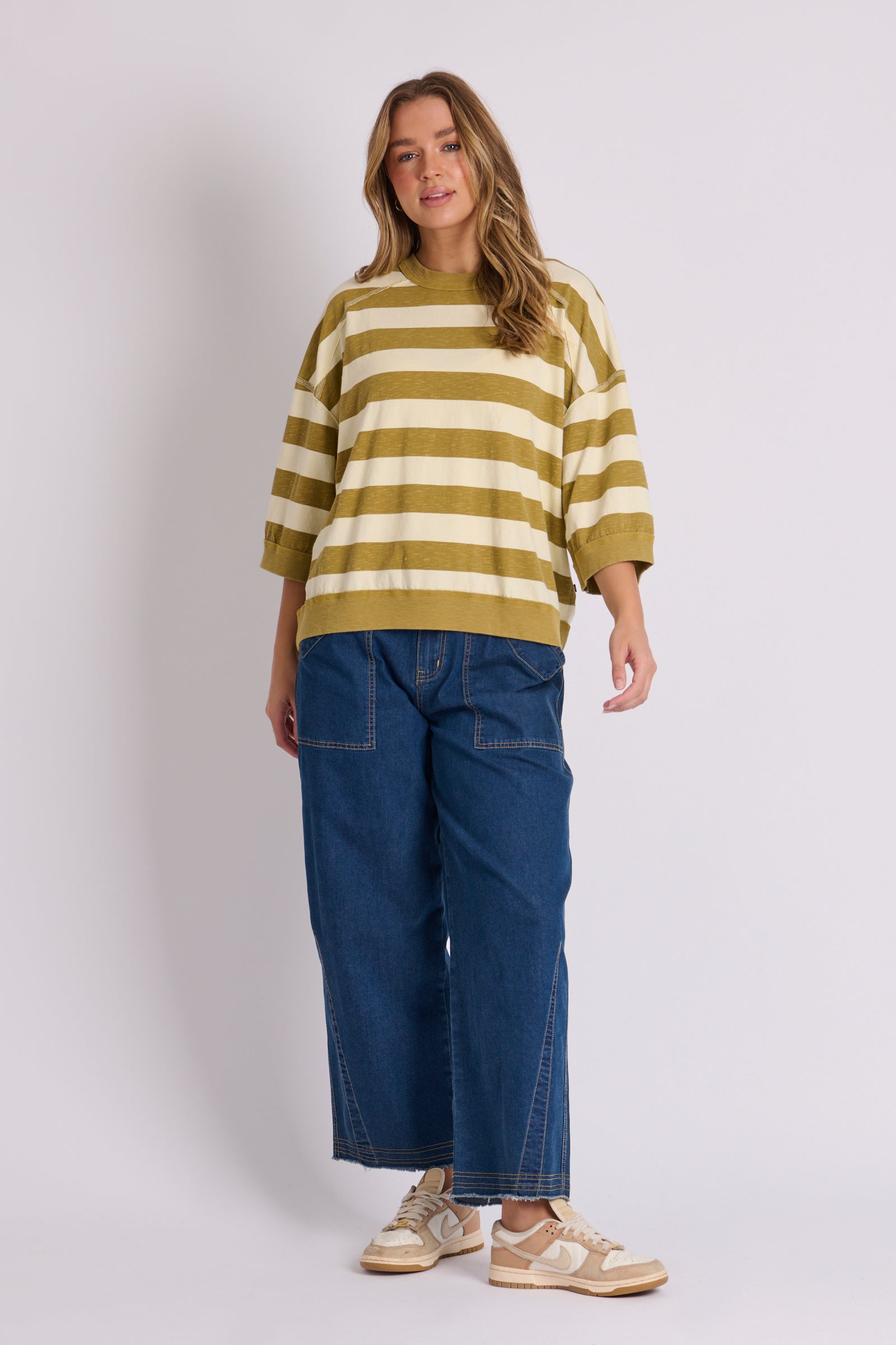 Crew Neck Half Sleeve Top - Olive Stripe
