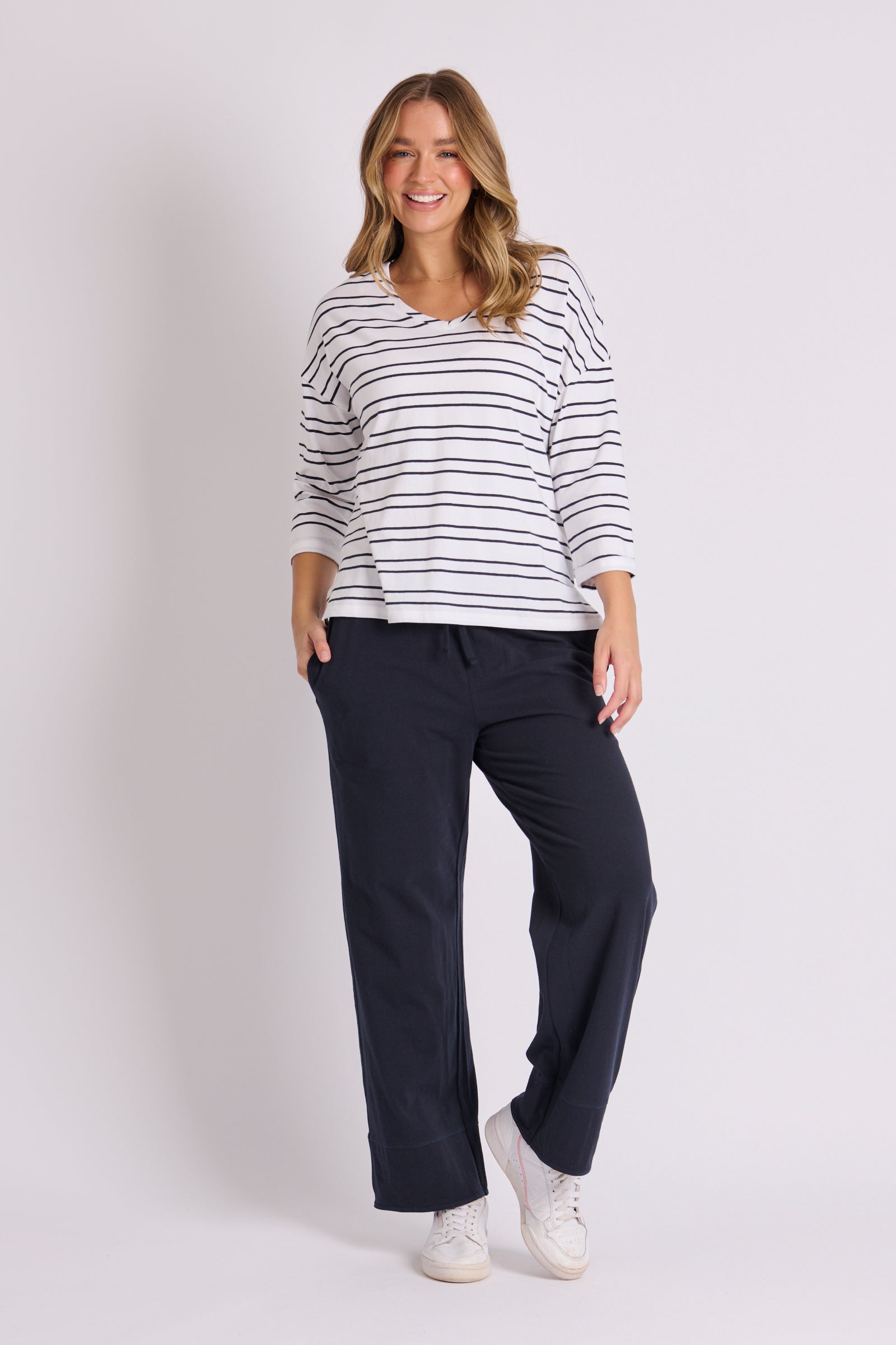 V Neck Cuff Sleeve Top - White Navy Stripe
