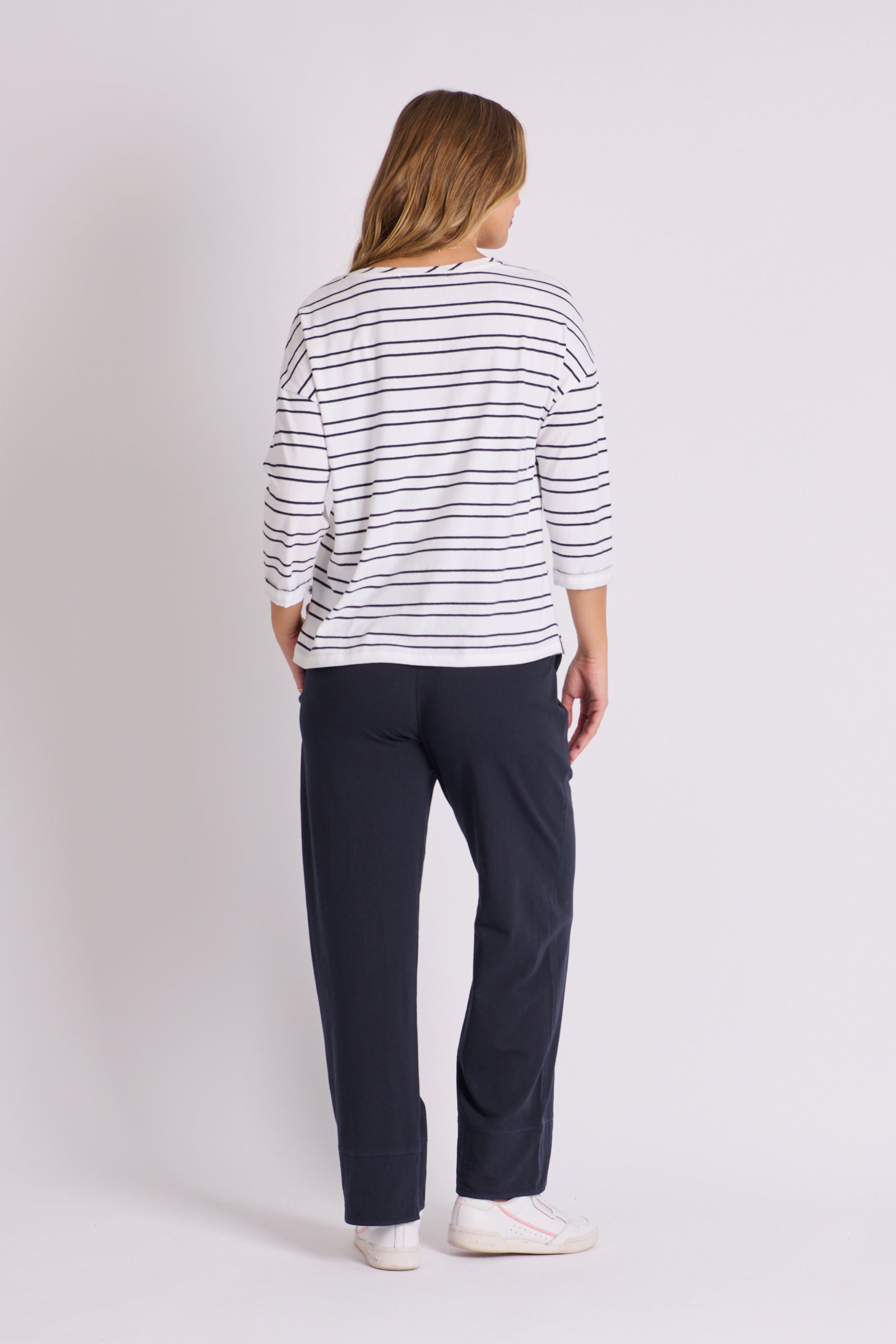 V Neck Cuff Sleeve Top - White Navy Stripe