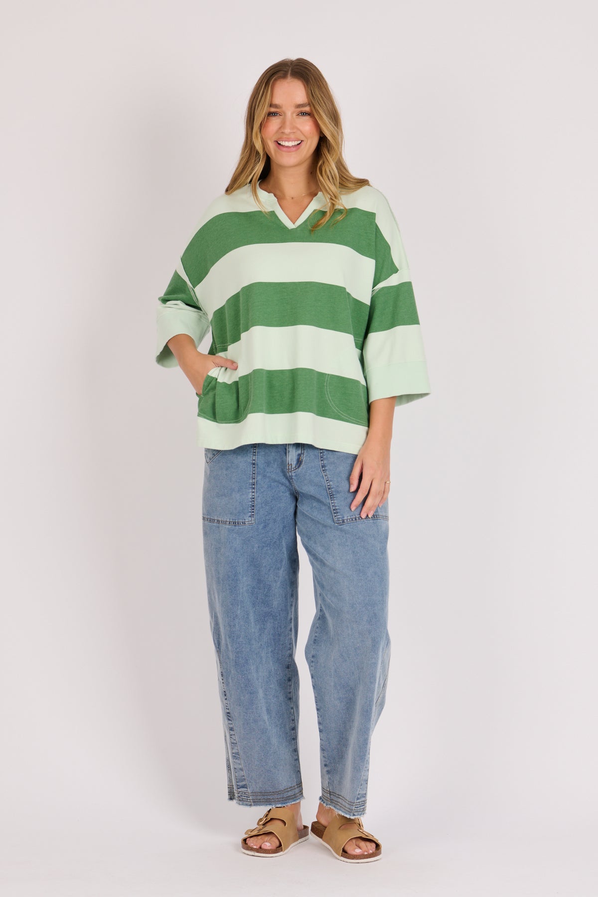 Half Sleeve Pop Over - Green Stripe