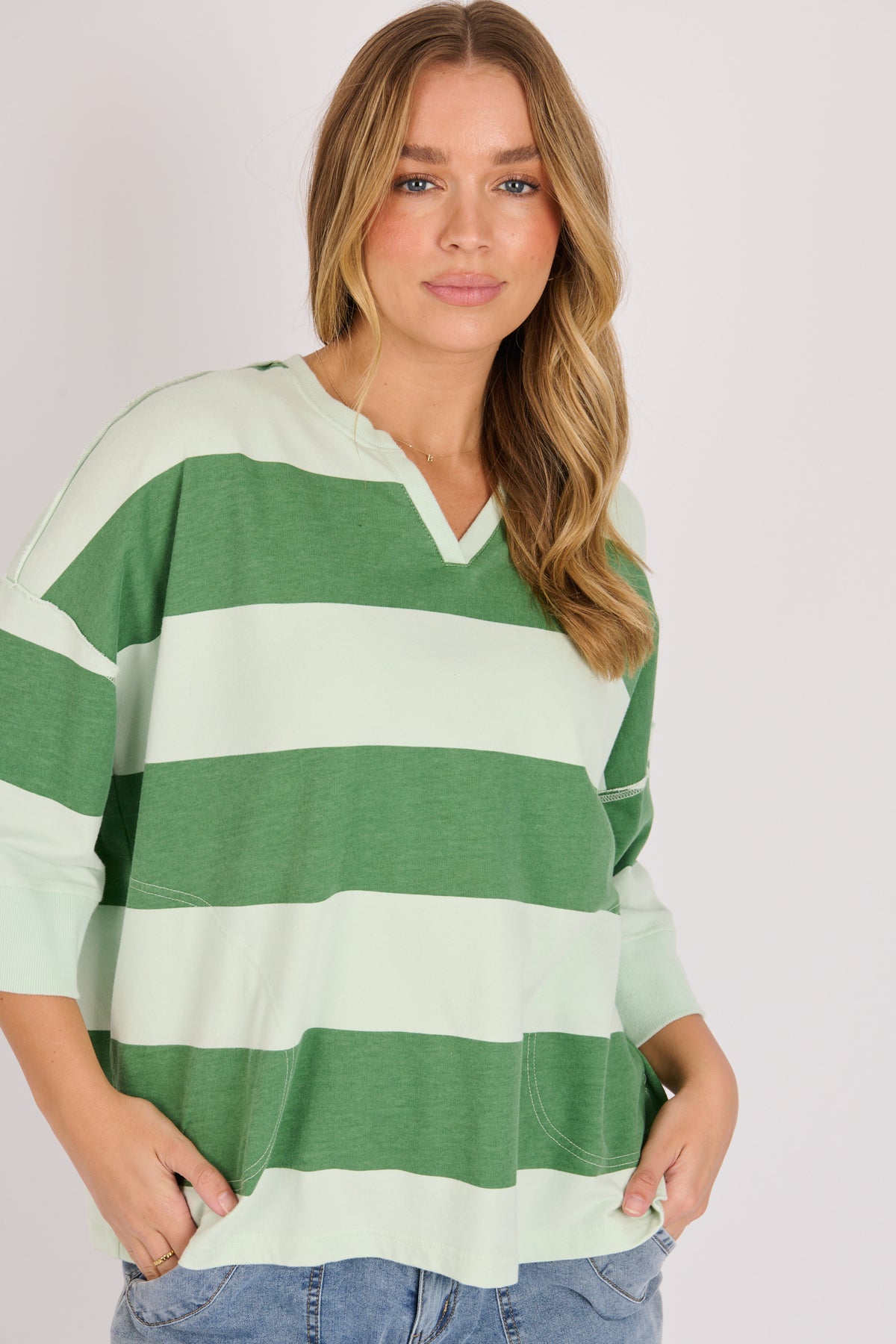 Half Sleeve Pop Over - Green Stripe