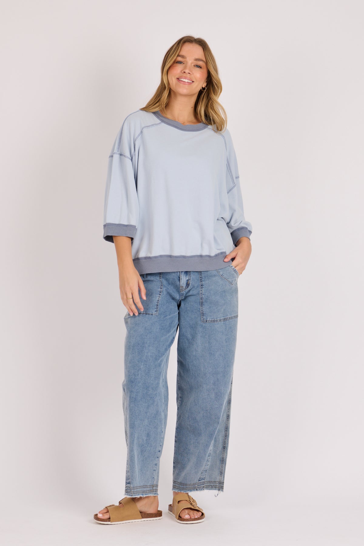 Crew Neck Half Sleeve Top - Two Tone Blue
