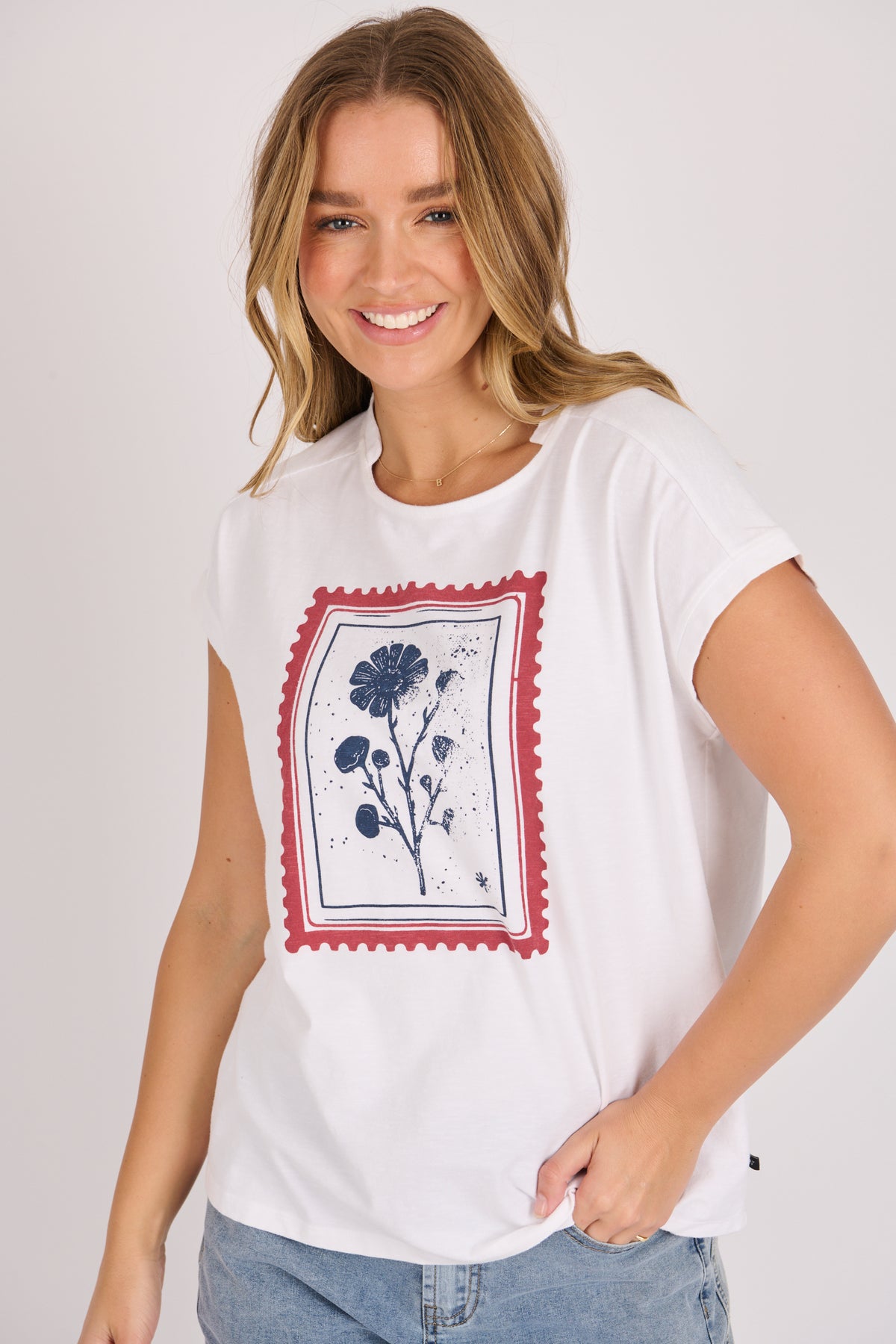 Half Collar Shell Tee - White Floral Stamp