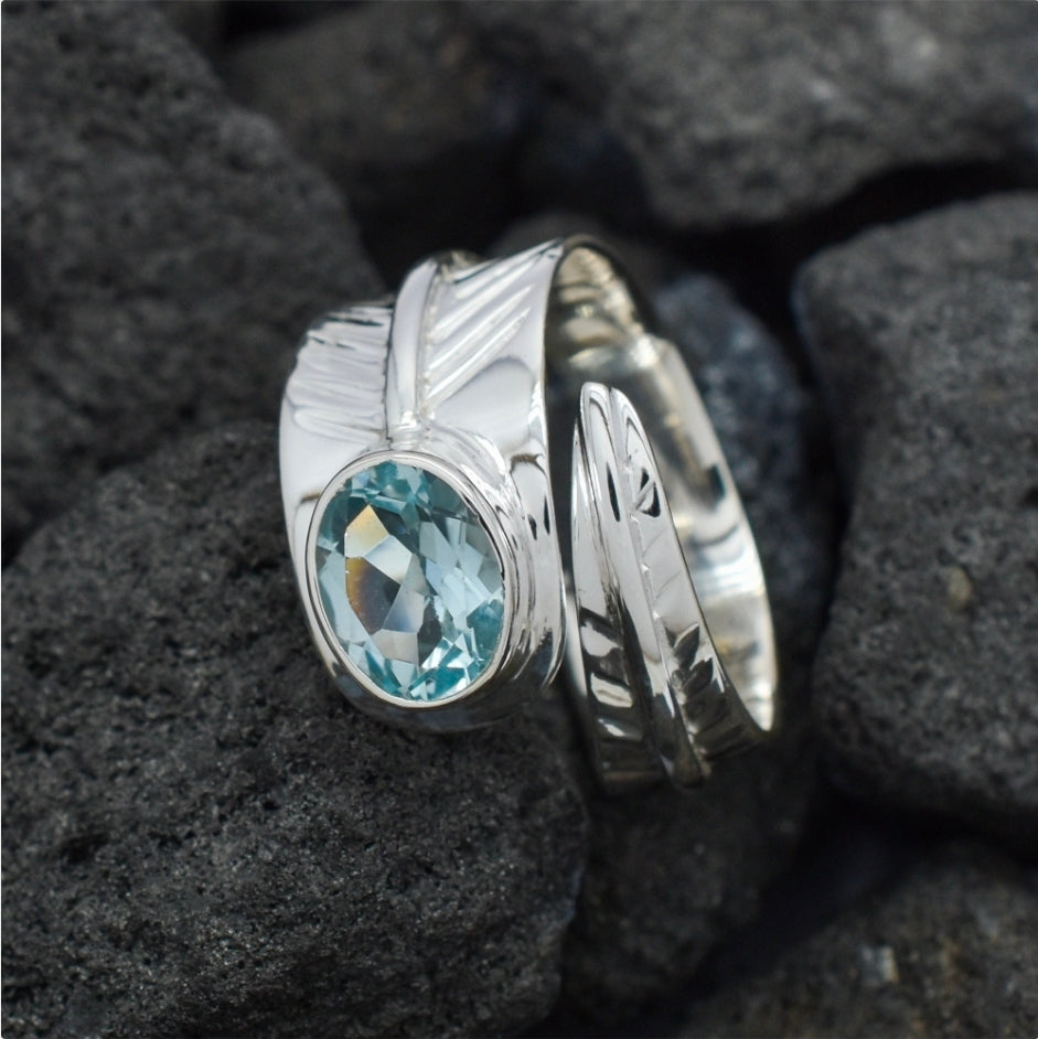 Silvern Gem Blue Topaz Feather Ring