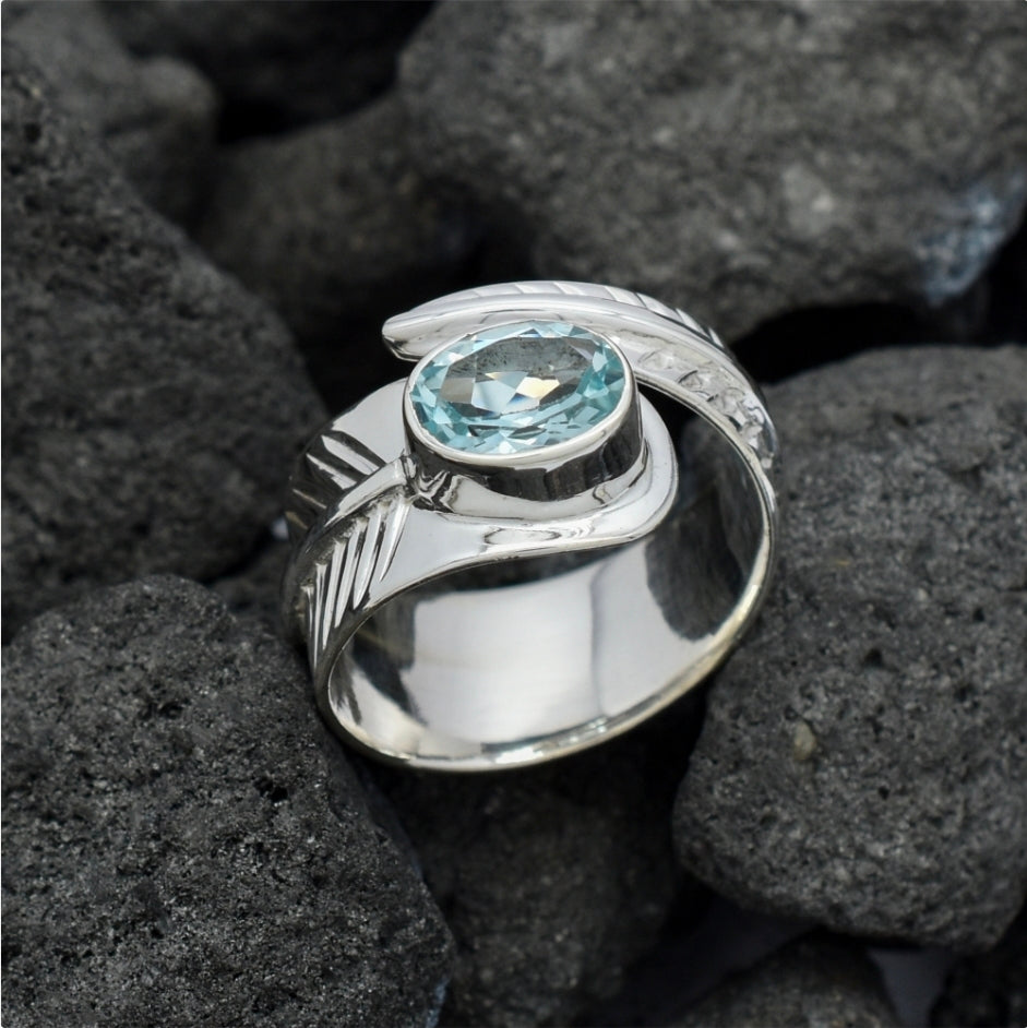 Silvern Gem Blue Topaz Feather Ring